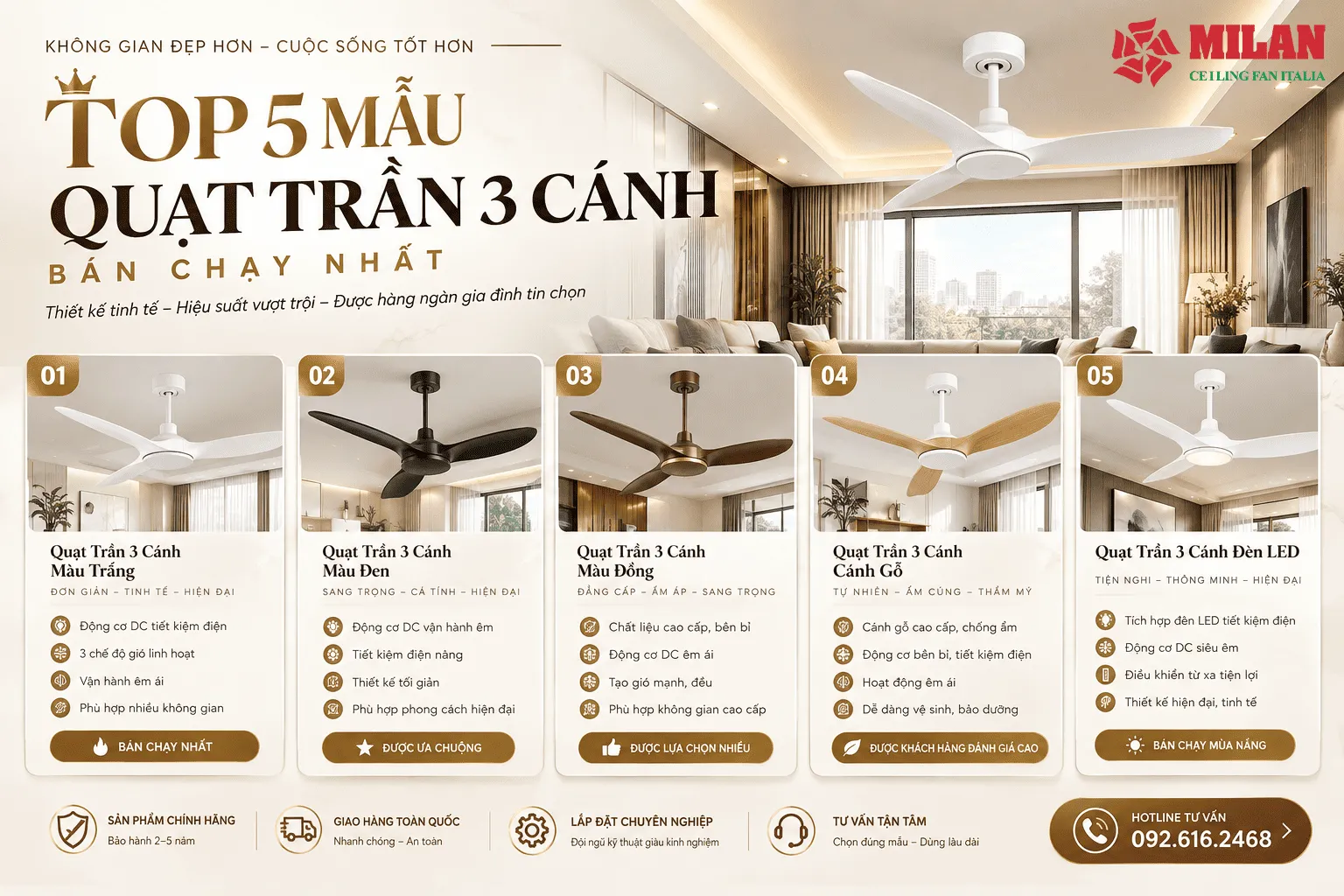 Chọn mua mẫu quạt trần 3 cánh